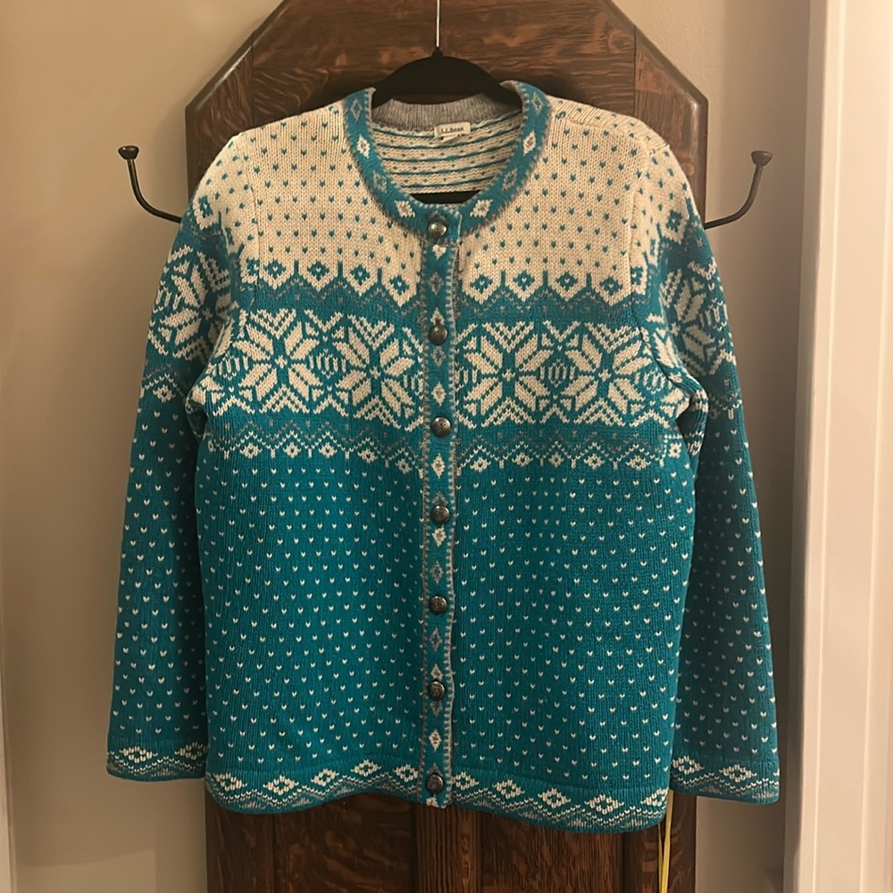 LL Bean Teal Nordic Wool Snowflake Sweater XL